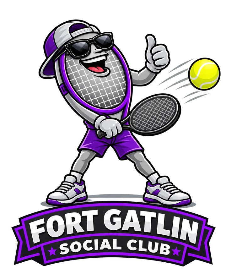 Fort Gatlin Social Club mascot — a smiling tennis racket in sunglasses giving a thumbs up